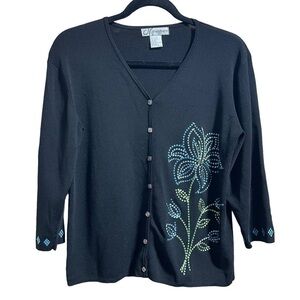 Dressbarn Floral Embroidered Button 3/4 Sleeve Cardigan Women's Size Medium